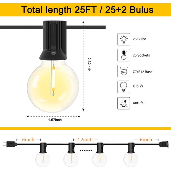 YJYASX-25Ft LED Outdoor String Lights Waterproof, Commercial Grade Patio String Lights with 27 G40 Warm White Bulbs, Hanging Outdoor Light for Backyard Wedding Garden Party Christmas Decorations-Blac