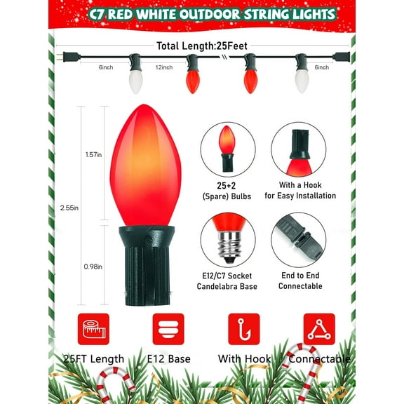 YJYASX-25Ft Multicolor Christmas Lights Outdoor, C7 Incandescent String Lights with 27 Red White Vintage Ceramic Bulbs, Hanging Patio Lights for Porch Roofline Christmas Tree Garden Pathway Indoor De