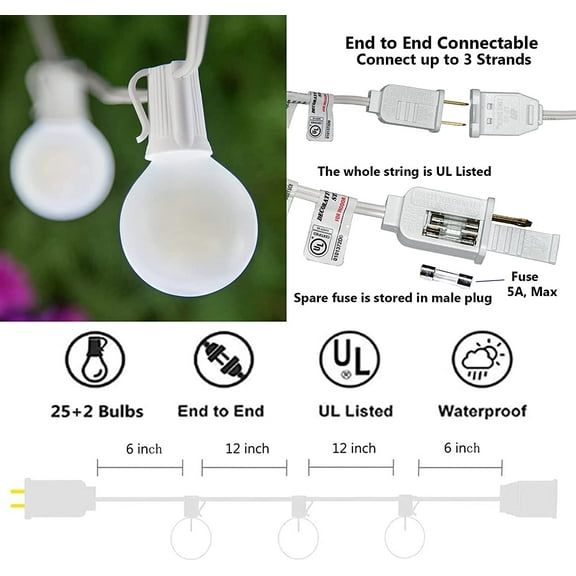 YJYASX-25Ft Outdoor Patio Lights G40 Globe String Lights with 27 Frosted White Bulbs, Waterproof Connectable Hanging String Lights for Christmas Patio House Backyard Balcony Party, White Wire