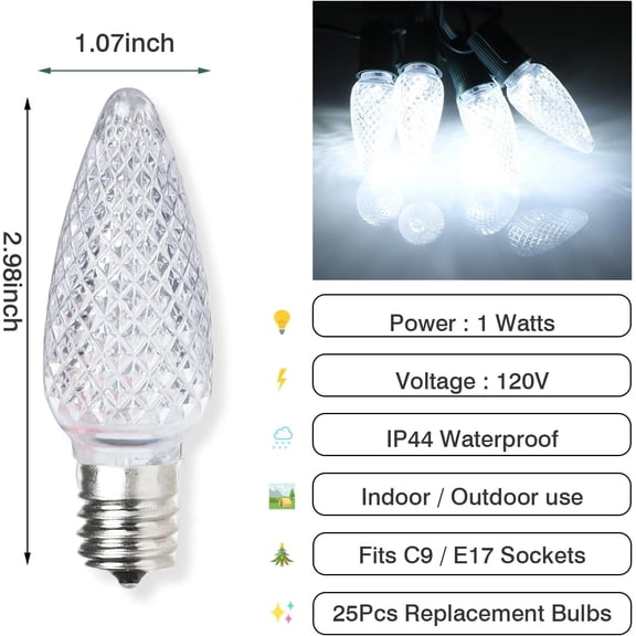 YJYASX-25PCS C9 LED Christmas Light Bulbs - C9 led Bulbs with E17 Base Sockets Replacement Bulbs for Outdoor String Lights - Commercial Grade Cool White