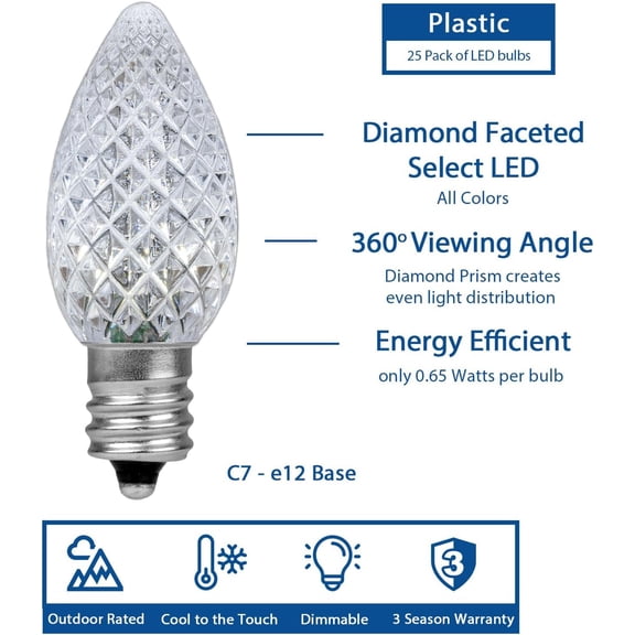 YJYASX-25PK C7 LED Faceted Ultra Bright Dimmable Outdoor Christmas Light Replacement Bulbs LED Replacement Bulbs, LED Bulbs, Outdoor Light Bulbs String Light Bulbs (Pure White)