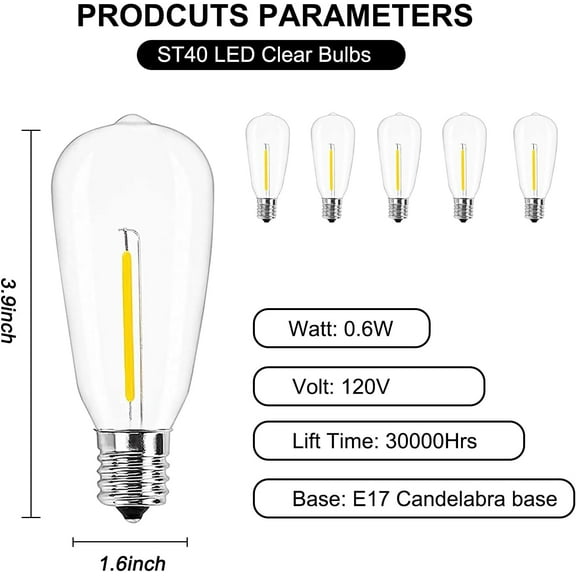 YJYASX-25Pack ST40 LED Replacement Light Bulbs,Vintage Edison Waterproof Shatterproof Dimmable E17 LED Bulbs for Indoor Outdoor Patio Wedding String Lights,0.6 Wat, Warm White, 2700K