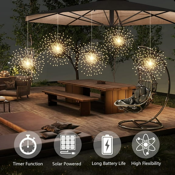 YJYASX-3 Pack 600 LED Solar Starburst Sphere Lights Remote Control,LED Firework Light 8 Modes Dimmable Waterproof Hanging Fairy Light, Copper Wire Lights for Patio Parties Christmas (Warm White)