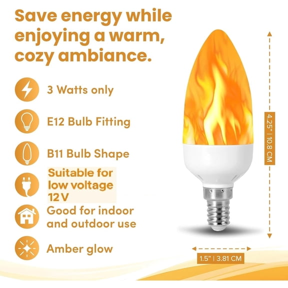 YJYASX-3 Pack I LED Flame Effect Bulb, E12 Base, 3W Amber Glow, 12V Low Voltage, Indoor/Outdoor Low Voltage Light I 12 Volt Calm and Relaxing Flaming Vibe 3 Watt