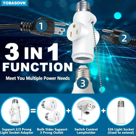 YJYASX-3 Packs Light Socket to Plug Adapter, 2/3 Prong Light Socket Adapter, Premium Heat-Resistant Material Light Bulb Socket Adapter, Multifunctional Light Bulb Outlet Socket Adapter, White