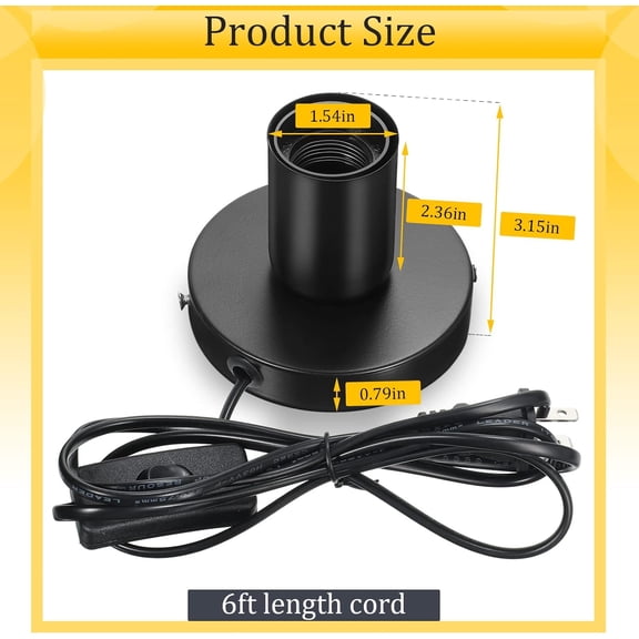 YJYASX-3 Pcs Metal Desktop Lamp Base E26 E27 Screw Light Bulb Holder Polished Light Sockets Base Replacement for Holding Bulb, 6 Feet Black Cord on Off Switch Plug(Black)