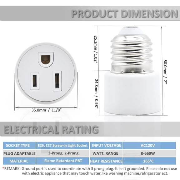YJYASX-3 Prong Outlet Light Socket Adapter,Screw in Outlet Socket,E26 Light Bulb to Outlet Socket Converter,Light Bulb Plug Adapter for Porch Light Socket,Camera,Garage Light and Light Strings