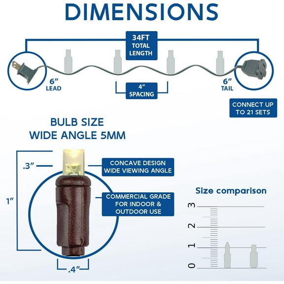 YJYASX-34ft 100 LED Warm White Christmas String Lights, 4" Spacing on Brown Wire, UL Listed IP55 Commercial Grade Xmas Lights for Outdoor/Indoor, Dimmable, Connectable