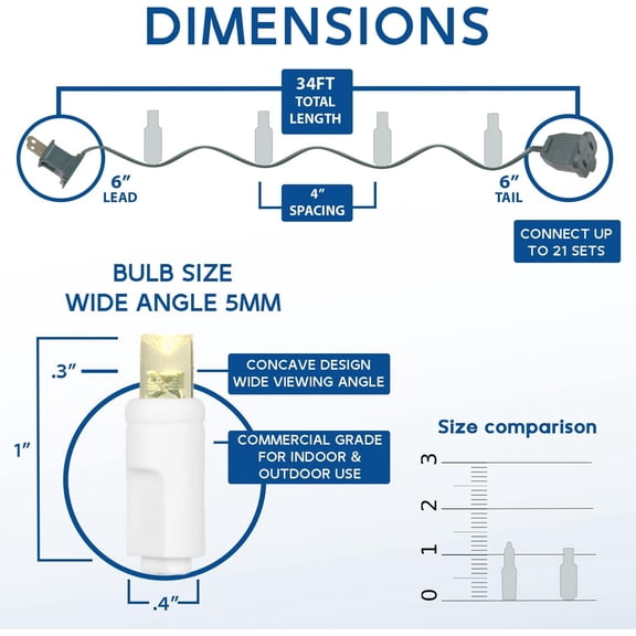 YJYASX-34ft Christmas String Lights, 100 Green LED Bulbs on White Wire, 4" Spacing, Connectable Indoor Outdoor Commercial Grade Lighting for Holidays Patio Weddings