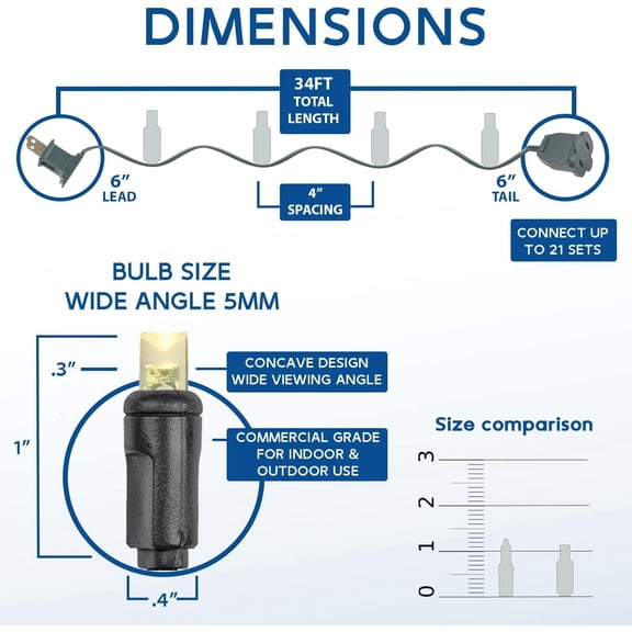 YJYASX-34ft Christmas String Lights, 100 Warm White LED Bulbs on Black Wire, 4" Spacing, Connectable Indoor Outdoor Commercial Grade Lighting for Holidays Patio Weddings