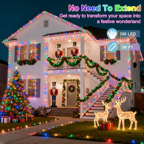 YJYASX-350LED 90FT Christmas Lights Indoor Outdoor, 12 Modes Multicolor Outdoor String Lights with Timer & Dimmable, Green Wire Christmas String Lights for Tree Patio Yard Fence Bedroom Wedding Garde