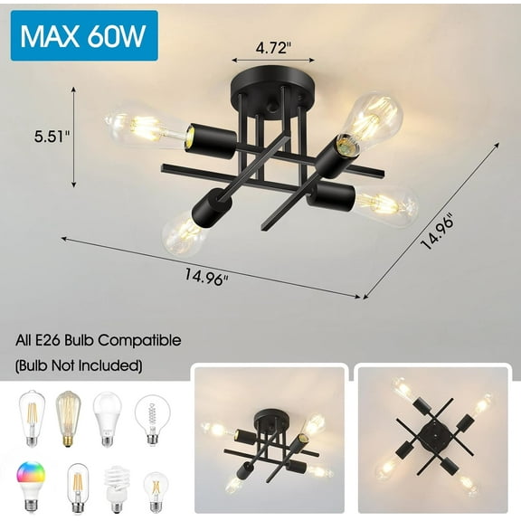 YJYASX-4-Light Modern Sputnik Ceiling Light Fixture, Matte Black Semi Flush Mount Ceiling Light Fixture with E26 Base, Close to Ceiling Lights for Living Room Farmhouse Kitchen Dining Room (1 Pack)