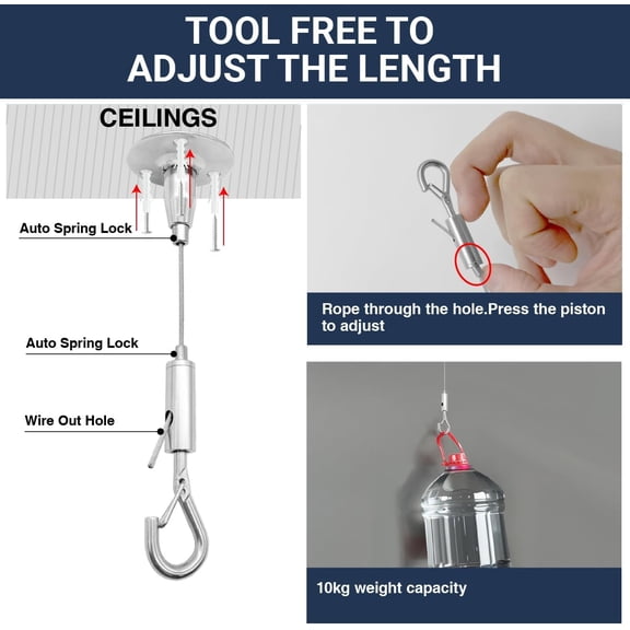 YJYASX-4 Pack 6ft Ceiling Sign Hanger Wire Kit, 2m Adjustable Suspension Hanging Cable Wire with Hook Wall Mount Suspension Cable for LED Screen, Billboard, Lights ,Mirror Picture , Holds Up to 10KG