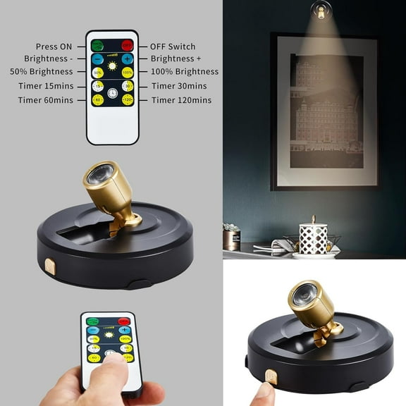 YJYASX-4-Pack Battery Powered LED Spotlight, Wireless Picture Lights, Uplighting Indoor, Puck Lights with Remote, Stick Spot Lights for Wall Art Display Dartboard Painting Artwork Closet Accent