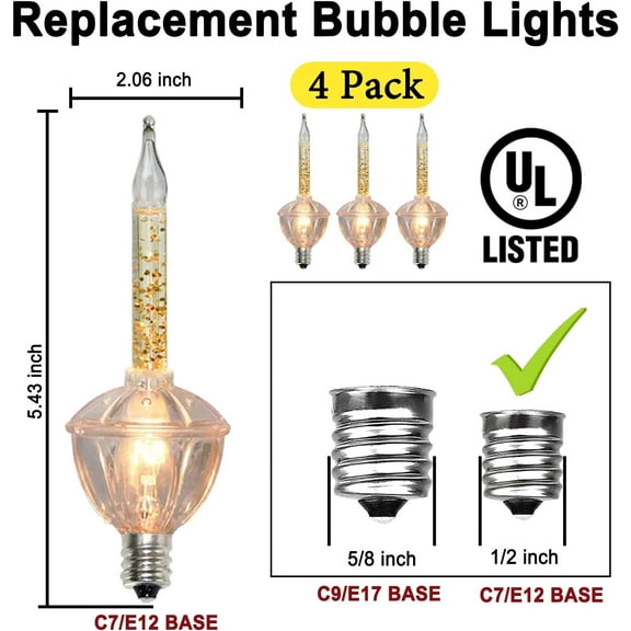 YJYASX-4 Pack Christmas Bubble Replacement Bulbs, Gold Glitter Vintage Christmas Bubble Light Bulbs, C7/E12 Candelabra Base Light Bulbs for Bubble Lights