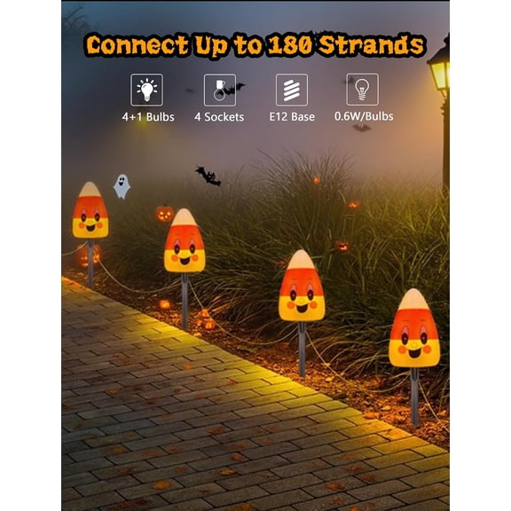 YJYASX-4 Pack Halloween Candy Corn Pathway Marker Lights with C7 Clear Bulbs, 7Ft Candy Night Light with 4 Stakes, Extendable Waterproof Pathway Decor for Yard Porch Lawn Pathway Garden
