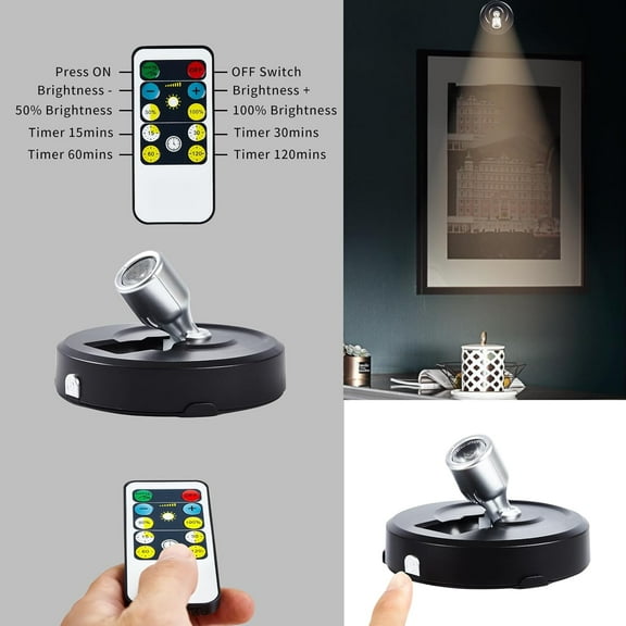 YJYASX-4-Pack Wireless LED Spotlight, Battery Powered Picture Lights, Plants Spot Light, Puck Lights with Remote, Indoor Uplights for Wall Art Display Dartboard Painting Artwork Closet Accent