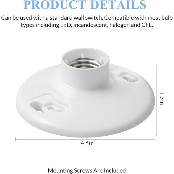 YJYASX-4 Pcs Medium Base E26 Lamp Holder Ceiling Light Sockets White Bulb Socket Incandescent Fluorescent CFL Lamp Holder 660w 250v (Phenolic Resin)
