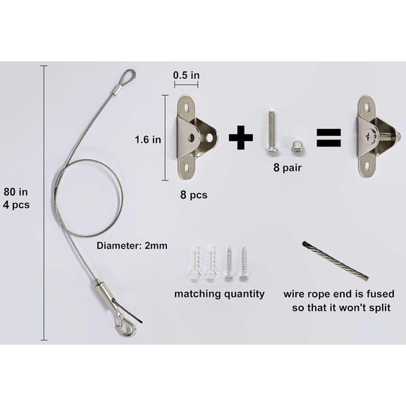 YJYASX-4 Sets Adjustable Hanging Wire Kit, Stainless Steel Multipurpose Suspension Wire Cable with Hook, Heavy Duty Anchor for Furniture, Light, Lamp, Picture, Mirror Secure to Wall or Ceiling, 80in