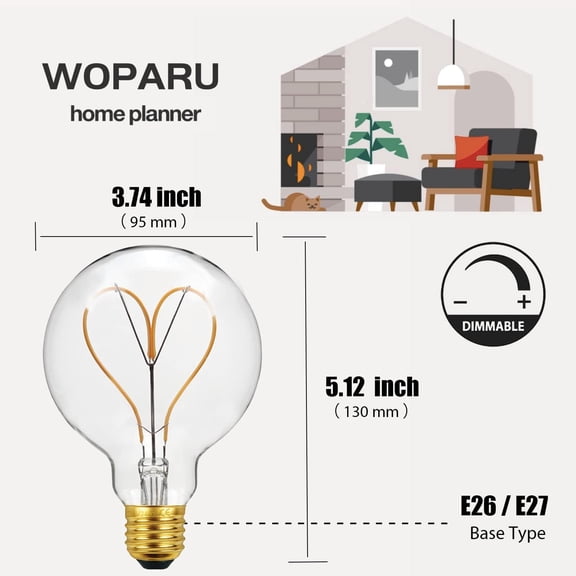 YJYASX-4W G95 Decorative Globe Large LED Edison LED Light Bulb,E26 / E27 Base Dimmable Oversized Round,2300K 40W Equivalent Warm White 200LM Vintage Pendant Bulb Decorations,White Clean Glass - Heart