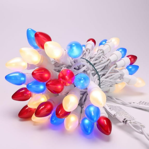 YJYASX-4th of July Decoration Patriotic LED C3 Glass Mini Lights 50 Count Red White Blue Plug in String Lights 120V ETL Cerfified Plug in for Indoor Outdoor Christmas Party Patio Independence Day Dec