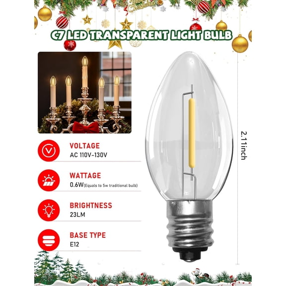 YJYASX-5 Pack C7 LED Clear Replacement Light Bulbs, C7 Warm White Christmas Replacement Bulb for Outdoor String Lights, Candles, Chandeliers, 0.6W LED Energy Saving E12 Candelabra Base Night Light Bu