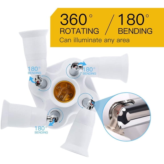 YJYASX-5 in 1 Light Socket Splitter E26 E27 Adapter Converter Standard LED Bulbs Holder 360 Degrees Adjustable 180 Degree Bendable Max Watt 300W