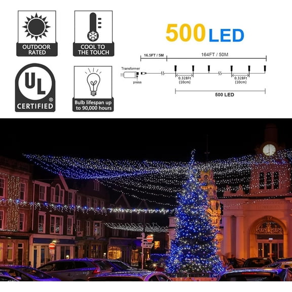 YJYASX-500 LED Blue and White Christmas Lights, 164FT 8 Lighting Mode with Memory Plug in Christmas Tree Lights, for Outdoor Birthday Christmas Party Garden Balcony Decorations (Blue and White)