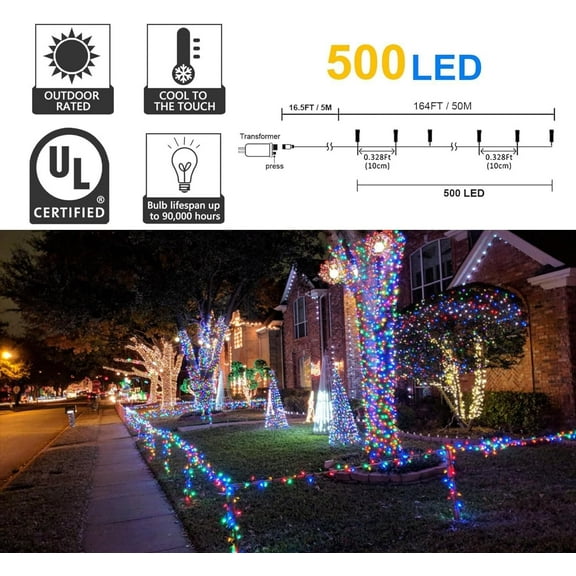 YJYASX-500 LED Christmas Lights, 164FT 8 Lighting Modes with Memory Plug in Waterproof Christmas Lights Outdoor, for Birthday Christmas Tree Party Garden Balcony Decorations (Multicolored)