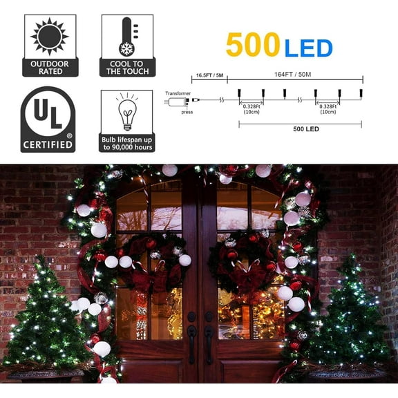 YJYASX-500 LED Christmas String Lights, 164FT 8 Lighting Mode with Memory Plug in Green Wire Waterproof Lights, for Outdoor Indoor Birthday Christmas Wedding Party Garden Balcony Decorations (White)