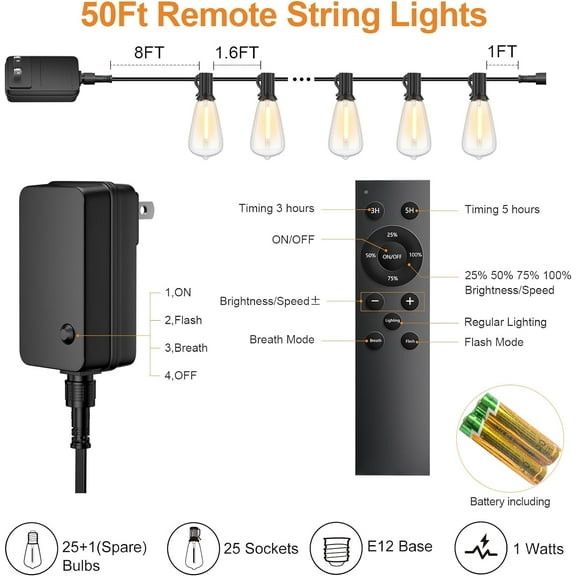 YJYASX-50FT Outdoor String Lights with Remote, Garden Patio Decor with 2500K Warm White, 25+1 LED Edison Bulbs, Support Timer Dimmable Waterproof Shatterproof for Yard Outside Porch Deck Indoor