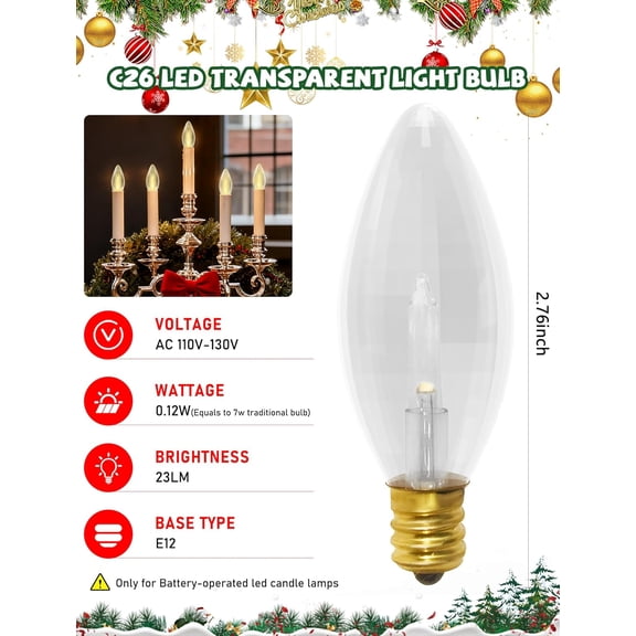 YJYASX-6 Pack E12 LED Candelabra Bulbs, 0.12W 3V Battery Operated Window Candle Replacement Bulbs, 2300K Warm White LED Candle Light Bulbs for Holiday Christmas Window Candles Lamps Chandelier