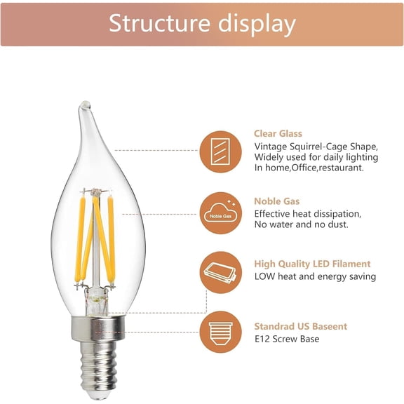 YJYASX-6 Pack E12 Led Light Bulbs, 40 Watt Equivalent 4W, CA10 2700K Warm White 400LM Dimmable Chandelier Bulbs, High Brightness Candelabra Bulbs, CA11 Clear Flame Tip Light Bulbs for Chandelier