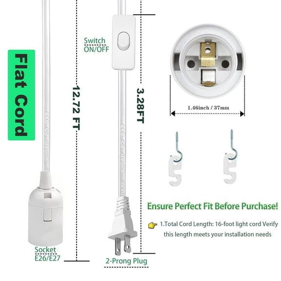 YJYASX-6 Pack Light Bulb Socket with Cord - 16Ft Plug in Light Socket E26/E27 Pendant Light Cord with On/Off Switch Hanging Lantern Cable,White