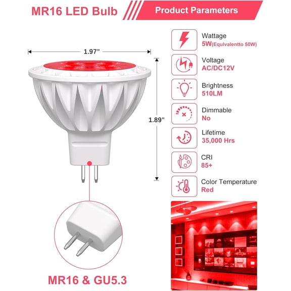 YJYASX-6-Pack MR16 RED LED Bulbs-Festive 5W 50W Halogen Equivalent GU5.3 12V 38 Spotlight for Christmas, Holidays, Landscape & Indoor Outdoor