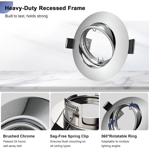 YJYASX-6 Pack Recessed Ceiling Light Mounting Frame, Compatible with MR16 GU5.3 Bulbs, Round Fixture Holders Adjustable for Commercial Cabinet, Polished Chrome