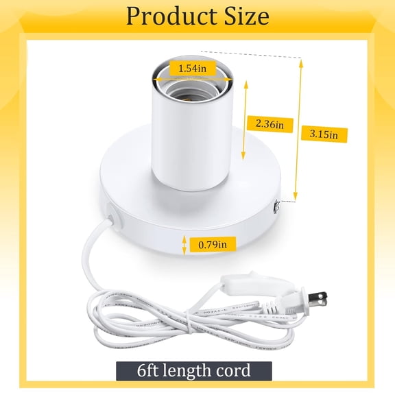 YJYASX-6 Pcs Polished Metal Desktop Lamp E26 E27 Screw Light Bulb Sockets Holder Base Lamp Replacement Base for Holding Bulb 6 Feet Cord on Off Switch Plug(White)