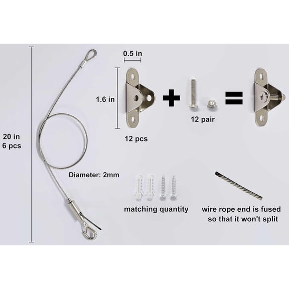 YJYASX-6 Sets Adjustable Hanging Wire Kit, Stainless Steel Multipurpose Suspension Wire Cable with Hook, Heavy Duty Anchor for Furniture, Light, Lamp, Picture, Mirror Secure to Wall or Ceiling, 20in