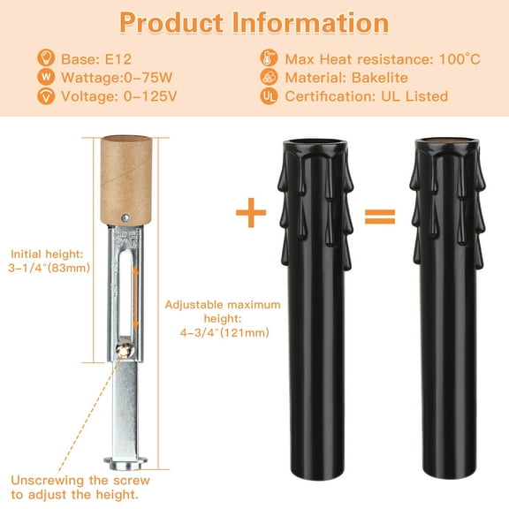 YJYASX-6 Sets E12 Chandelier Socket, Candelabra Socket Replacement, Adjustable Height Chandelier Light Socket with Black Candle Sleeves Cover & Cardboard Insulators, Repair Candelabra Lamp Base Parts