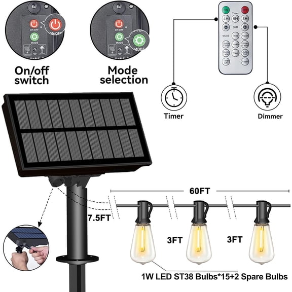 YJYASX-60FT Solar String Lights Outdoor Weatherproof with Remote, Solar Powered LED Edison Bulb 15 Sockets Outdoor String Lights for Outside Patio Backyard Fence Halloween Christmas Decorations