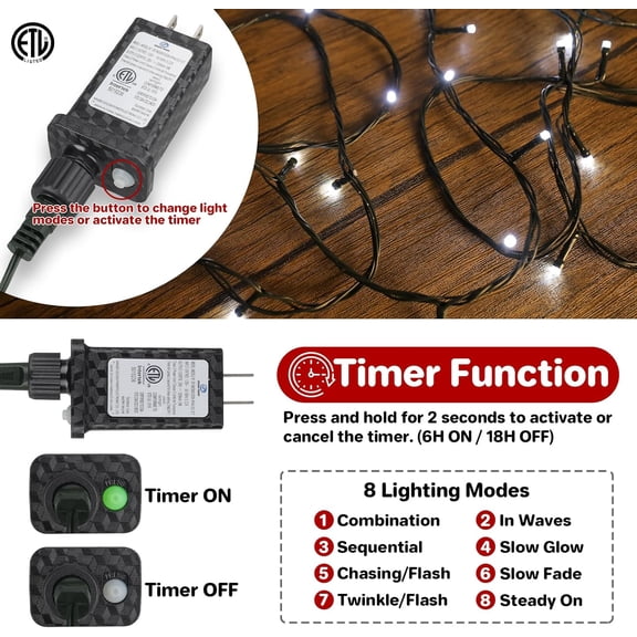 YJYASX-66ft 200 LED Christmas StringLights, End-to-End Plug 8 Modes Christmas Lights with Timer, OutdoorIndoor Fairy Lights Christmas Tree, Patio, Garden, Party, Wedding, Holiday, Cool White