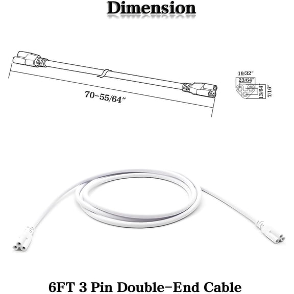 YJYASX-6FT (70-55/64") T5 T8 Tube Light Fixture LED Linkable Cord, Double end Connector Cable, Power Extension Wire for LED Integrated Single Fixture, Shop light, Garage Light, Under Cabinet Light, P