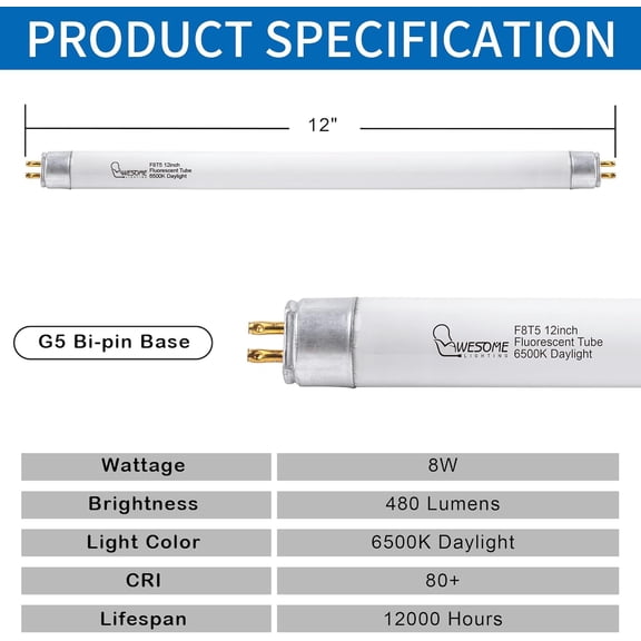 YJYASX-8 Pack 12 Inch F8T5/DL Fluorescent Light Bulb, 6500K Daylight, T5 8 Watts Fluorescent Replacement Bulb for Counter and Cabinet Fixture, G5 Base