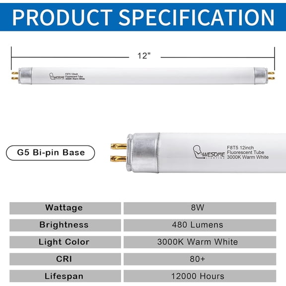 YJYASX-8 Pack 12 Inch F8T5/WW Fluorescent Light Bulb, 3000K Warm White, T5 8 Watts Fluorescent Replacement Bulb for Counter and Cabinet Fixture, G5 Base