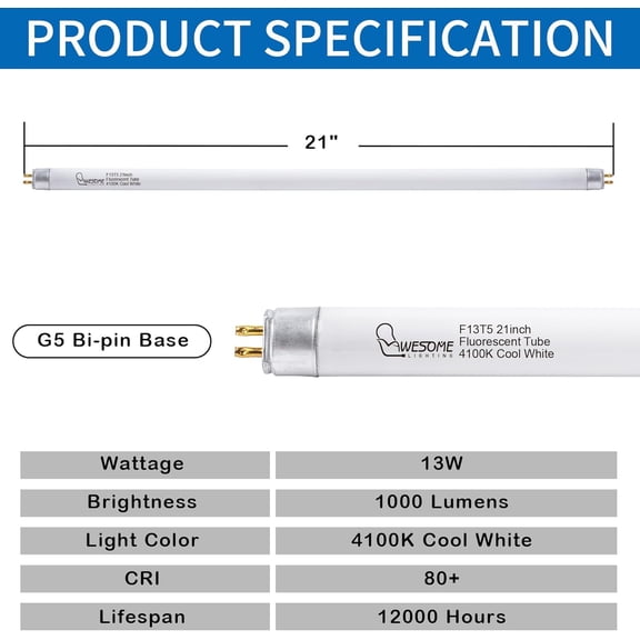 YJYASX-8 Pack 21 Inch F13T5/CW Fluorescent Light Bulb, 4100K Cool White, T5 13 Watts Fluorescent Replacement Bulb for Counter and Cabinet Fixture, G5 Base