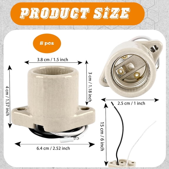 YJYASX-8 Pack E26 Light Socket Medium Porcelain Lamp Holder Socket Keyless Screw Porcelain Light Socket with Two Hole Flange Mounting and 6" Leads for Indoor Garage Closet Lighting