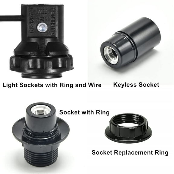 YJYASX-8 Pack Phenolic Candelabra E12 Base Socket with 1.25 Inch Shoulder and Screw Ring, 8 Inch Wire Leads Lamp Holder Light Sockets(with Ring and Wire)