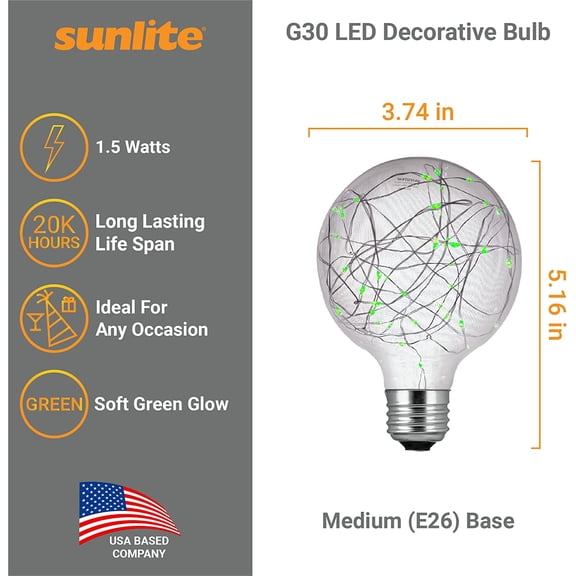 YJYASX-81181 G30 Globe Bulb, LED Fairy-Lights Inside, 1.5 Watts, Medium (E26) Base, Non Dimmable, Party Decoration, Holiday Lighting, String Light, Green, 1 Count