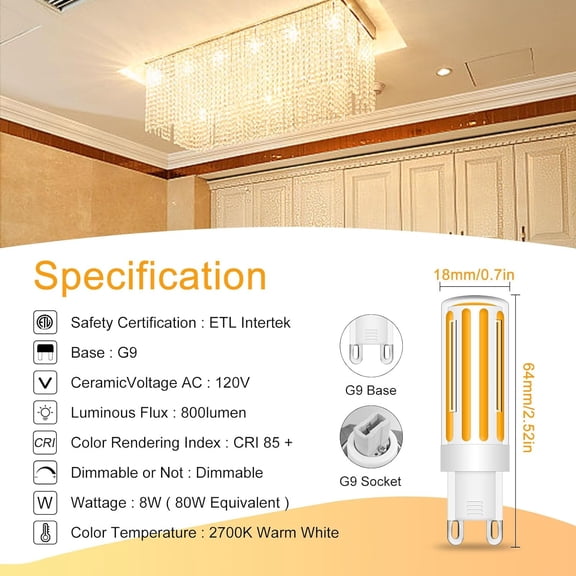 YJYASX-8W G9 LED Light Bulbs 80W Halogen Equivalent, Soft White 2700K, 360 Beam Angle, 120V 800LM, G9 Bi Pin Base Bulbs Dimmable for Chandeliers Home Lighting, 2 Count