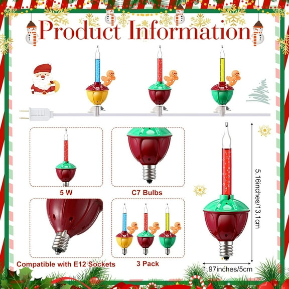 YJYASX-9 Pack Christmas Bubble Light Replacement Bulbs with Gingerbread Man Ornaments, Multicolor Vintage Traditional Night Bulbs 5 Watts C7/E12 Base Candelabra for Tree Party Holiday Decor